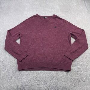 Express Sweater Mens XL Red Burgundy Cotton V Neck Pullover Casual Logo‎